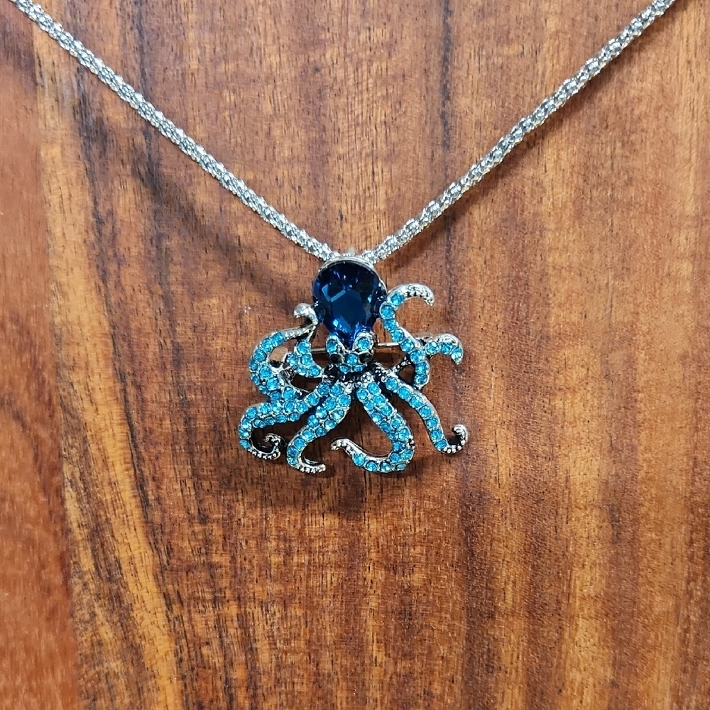 Betsey Johnson Silver  Octopus Necklace Or Brooch. 11 1 /2x 1 Blue